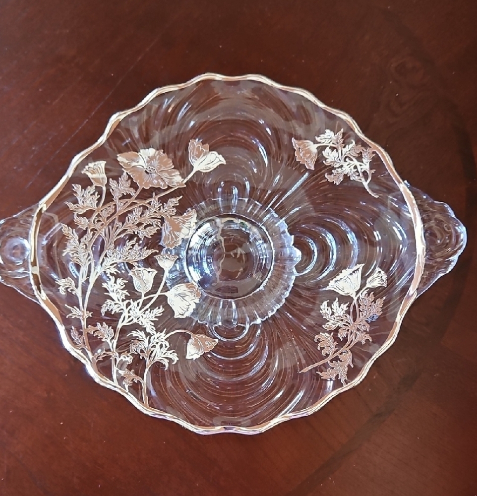 Silver City Glass Flanders Poppy Sterling Silver Overlay Handled Serving Tray
